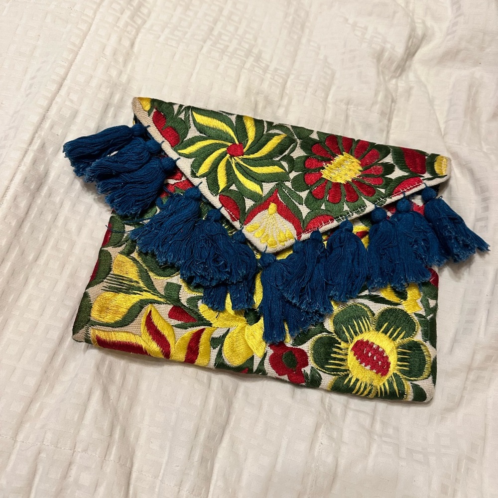 Floral Embroidered Clutch with Tassels